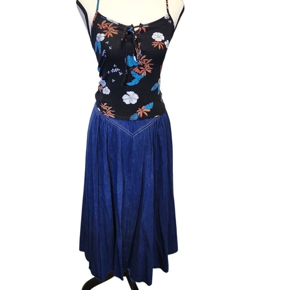 Vintage Circle T Made USA Blue Cotton Denim Long A-Line Skirt Women Medium